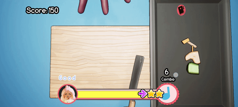 Chopping game screen showing score 150, combo 6, chopped vegetables on a cutting board and tray.
