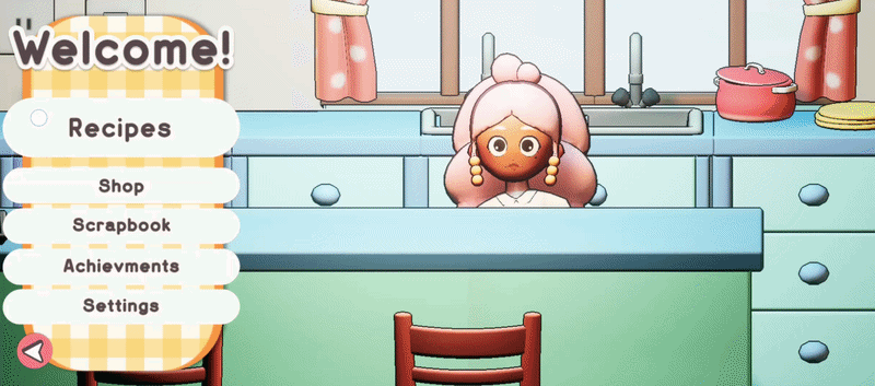 Cartoon woman with pink hair behind kitchen counter with menu showing recipes, shop, scrapbook, achievements, settings.