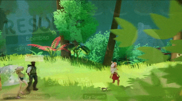 Three animated characters walk through a bright forest clearing with large green trees and plants.