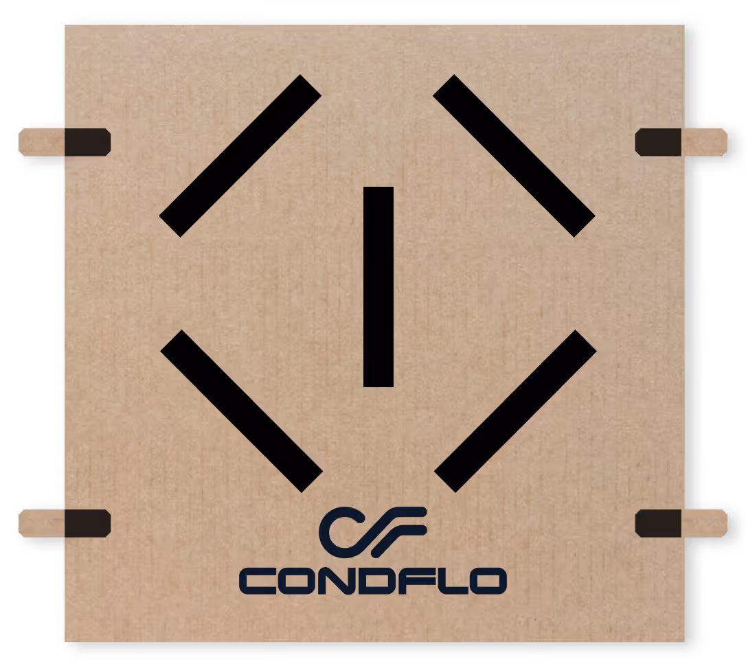 Square cardboard box with black directional arrows and the Condflo logo printed on it.