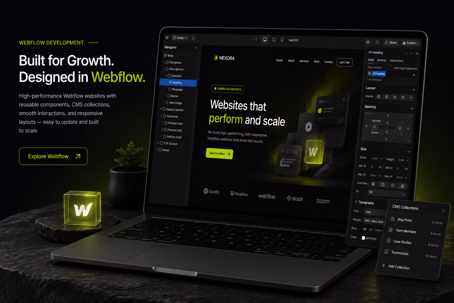 Laptop showing Webflow design interface with highlighted text about building scalable websites.