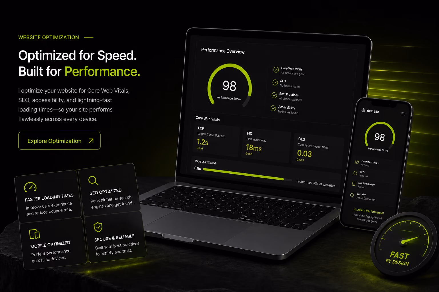 Laptop and smartphone display a website performance score of 98 with SEO, speed, and security details.