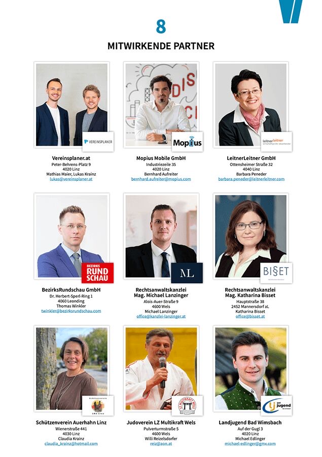Porträtfotos und Kontaktdaten von acht Partnern aus verschiedenen Firmen und Vereinen wie Vereinsplaner.at, Mopius Mobile GmbH, LeitnerLeitner GmbH, BezirksRundschau GmbH, Rechtsanwaltskanzlei Michael Lanzinger und Katharina Bisset, Schützenverein Auerhahn Linz, Judoverein LZ Multikraft Wels sowie Landjugend Bad Wimsbach.