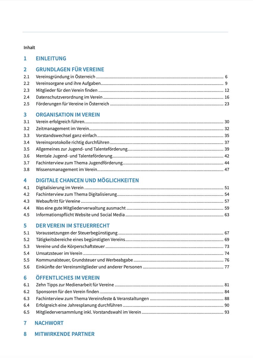 Inhaltsverzeichnis eines Dokuments mit Kapiteln über Vereinsgründung, Organisation, digitale Chancen, Steuerrecht, Öffentlichkeitsarbeit, Nachwort und Partner.