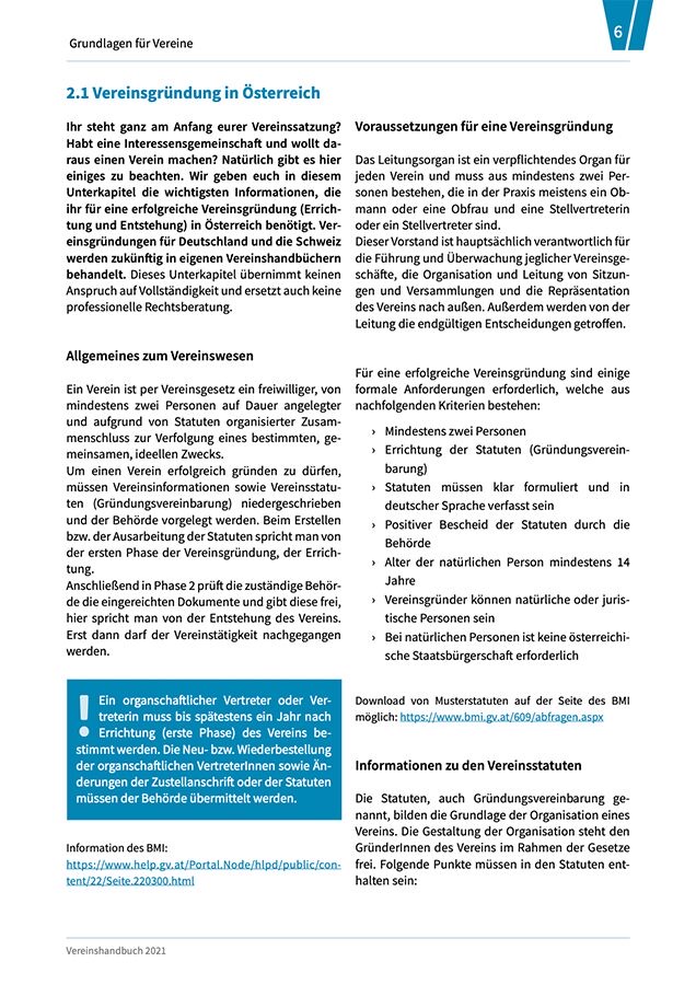 Textseite aus einem Vereinshandbuch 2021 mit dem Titel '2.1 Vereinsgründung in Österreich' und Informationen zu Voraussetzungen, allgemeinem Vereinswesen und Vereinsstatuten.