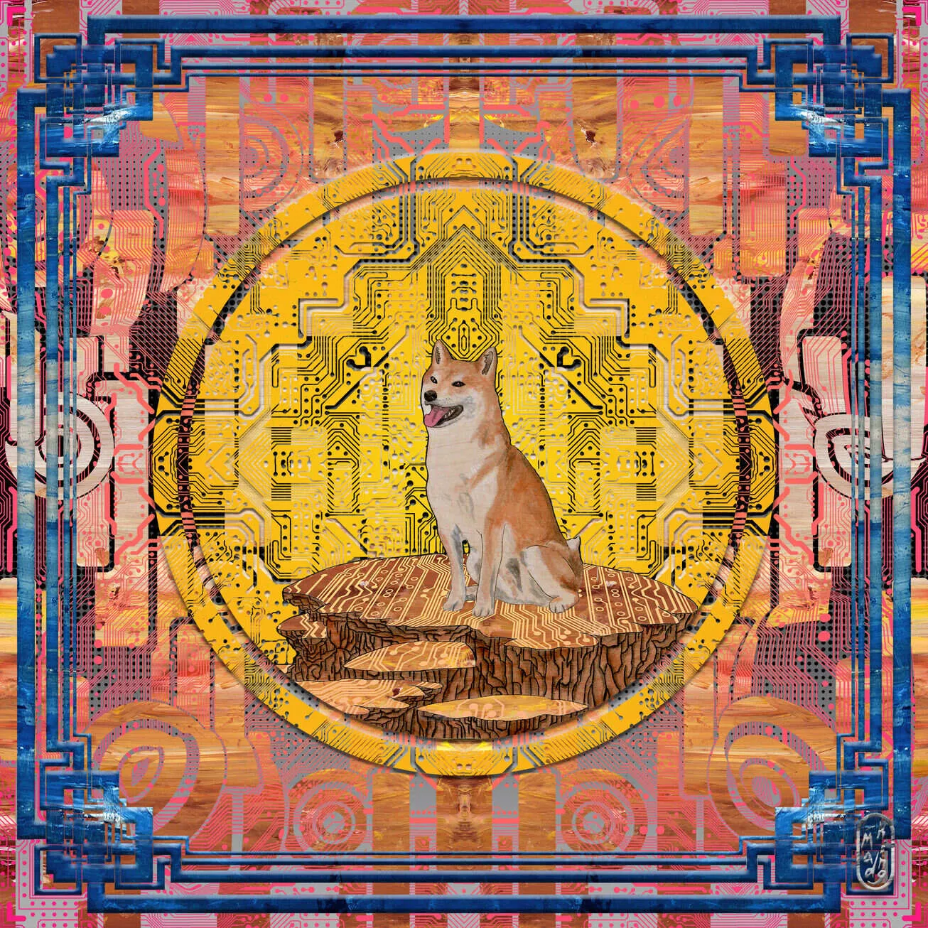 Illustration of a Shiba Inu dog sitting on a tree stump in front of a yellow circuit board pattern with colorful geometric border.
