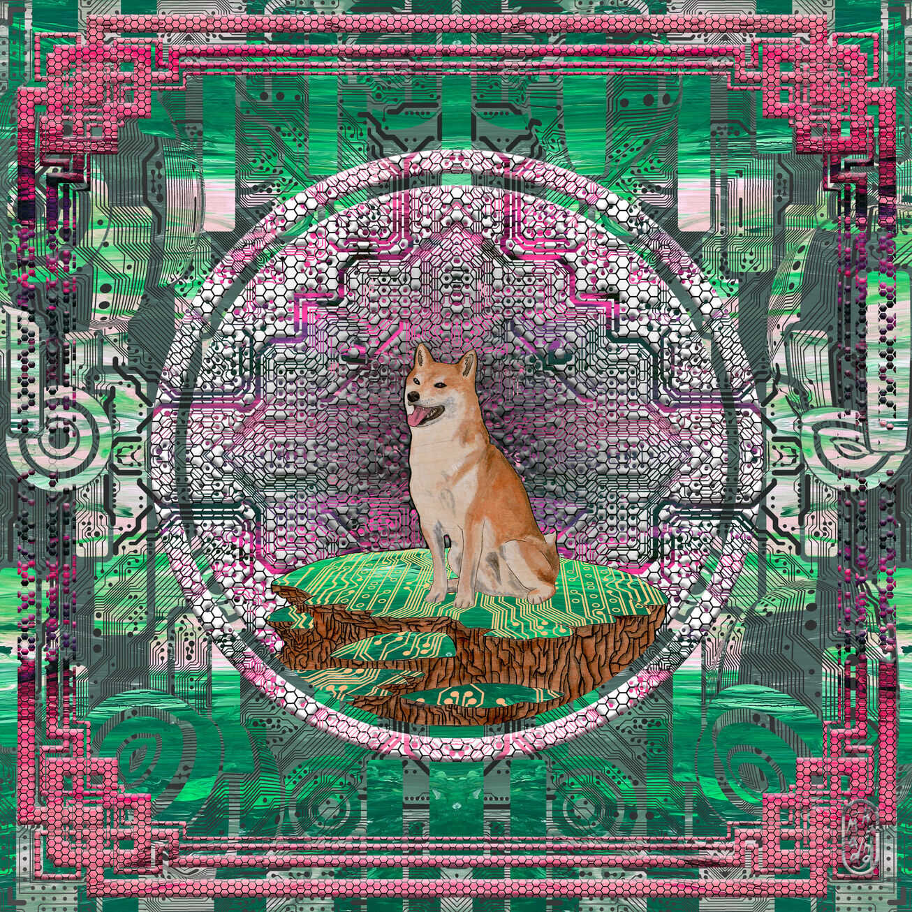 Digital artwork of a Shiba Inu dog sitting on a tree stump with a circuit board pattern, surrounded by abstract electronic circuit designs in green and pink.