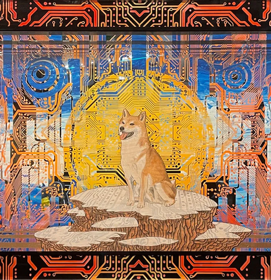 Illustration of a Shiba Inu dog sitting on floating rock platforms with a background of colorful circuit board patterns and a yellow circular design behind the dog.