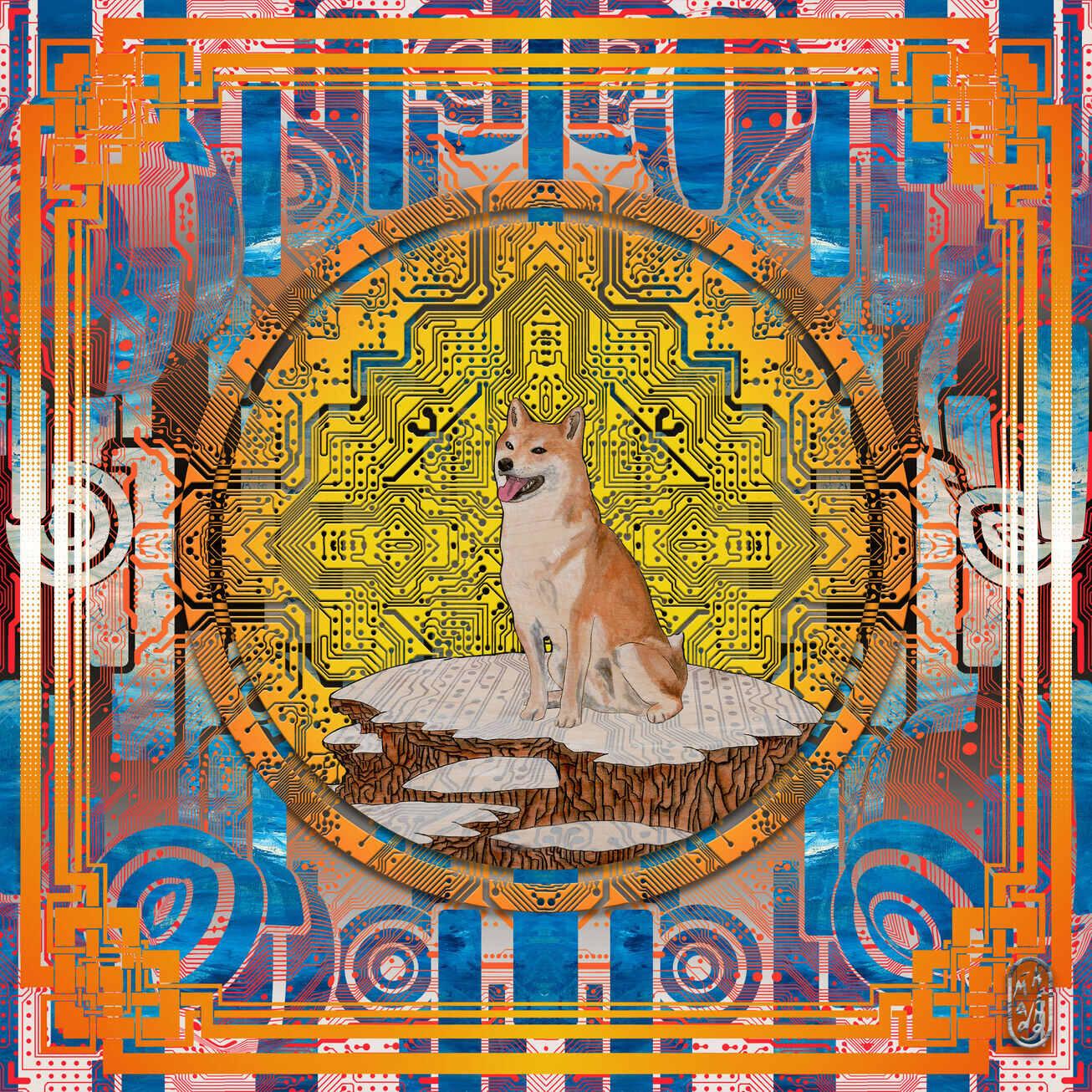 Illustration of a Shiba Inu dog sitting on a snowy cliff with a yellow circuit board pattern background framed by orange and blue geometric designs.