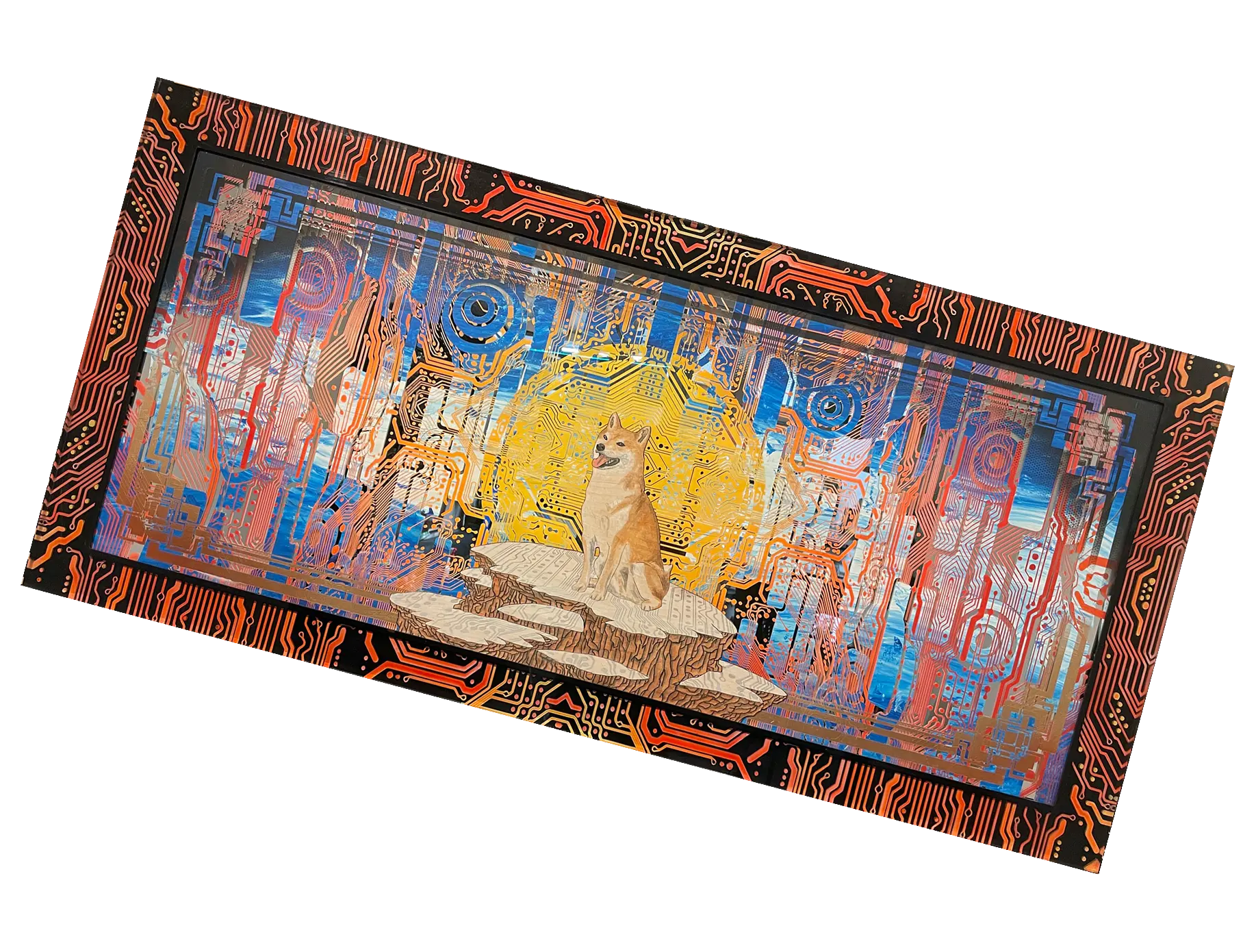 Digital artwork of a Shiba Inu dog sitting on layered rock with a glowing yellow sun and colorful circuit board patterns in the background.