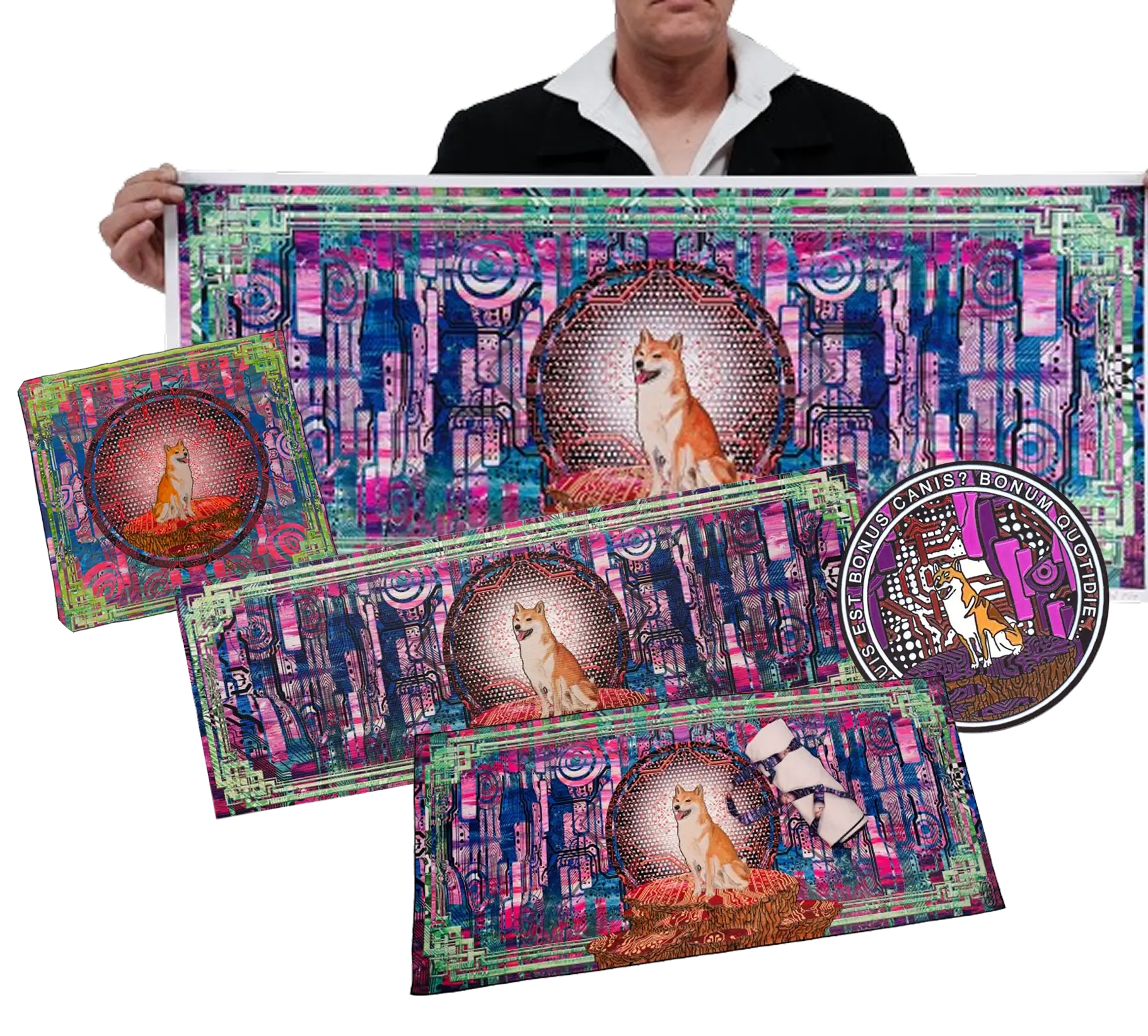 Person holding a colorful print featuring a Shiba Inu dog sitting on a rock with a psychedelic, circuit-like background and a matching set of prints and stickers.