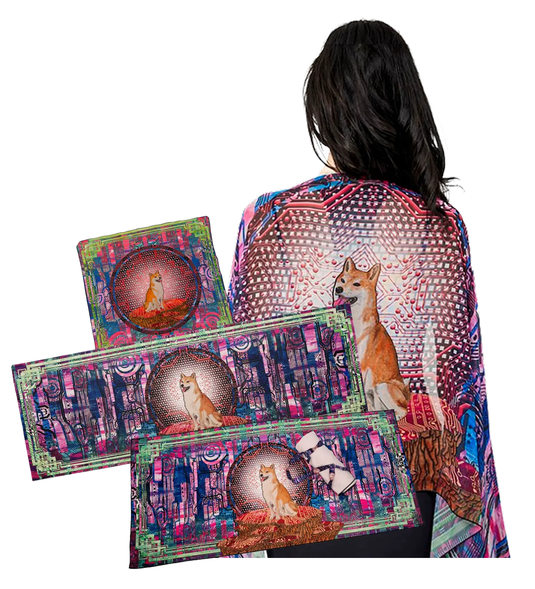 Person wearing a colorful jacket with an illustration of a Shiba Inu dog sitting against a digital circuit pattern, alongside three matching rectangular artworks featuring the same Shiba Inu design.