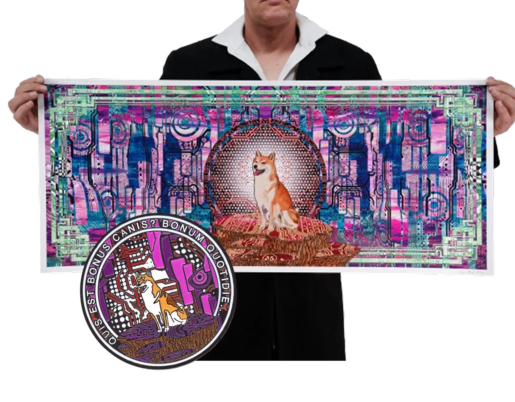 Person holding a colorful rectangular artwork featuring a dog sitting on a stylized platform with a geometric background, with an inset circular design showing the same dog and the text 'QUIS EST BONUS CANIS? BONUM QUOTIDIE.'