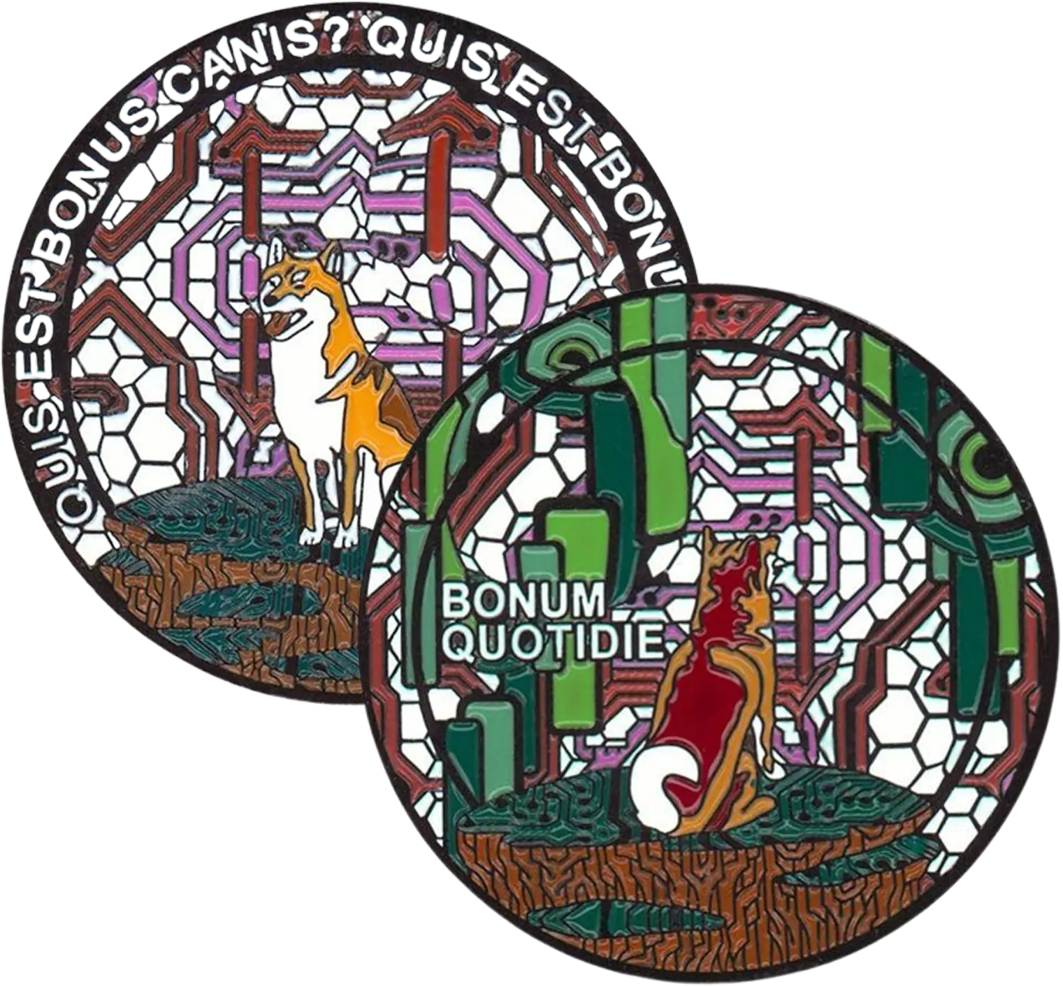 Two stylized coins featuring a Shiba Inu dog with circuit board and hexagonal patterns; one coin has 'QUI BONUS CANIS?' text and the other says 'BONUM QUOTIDIE'.
