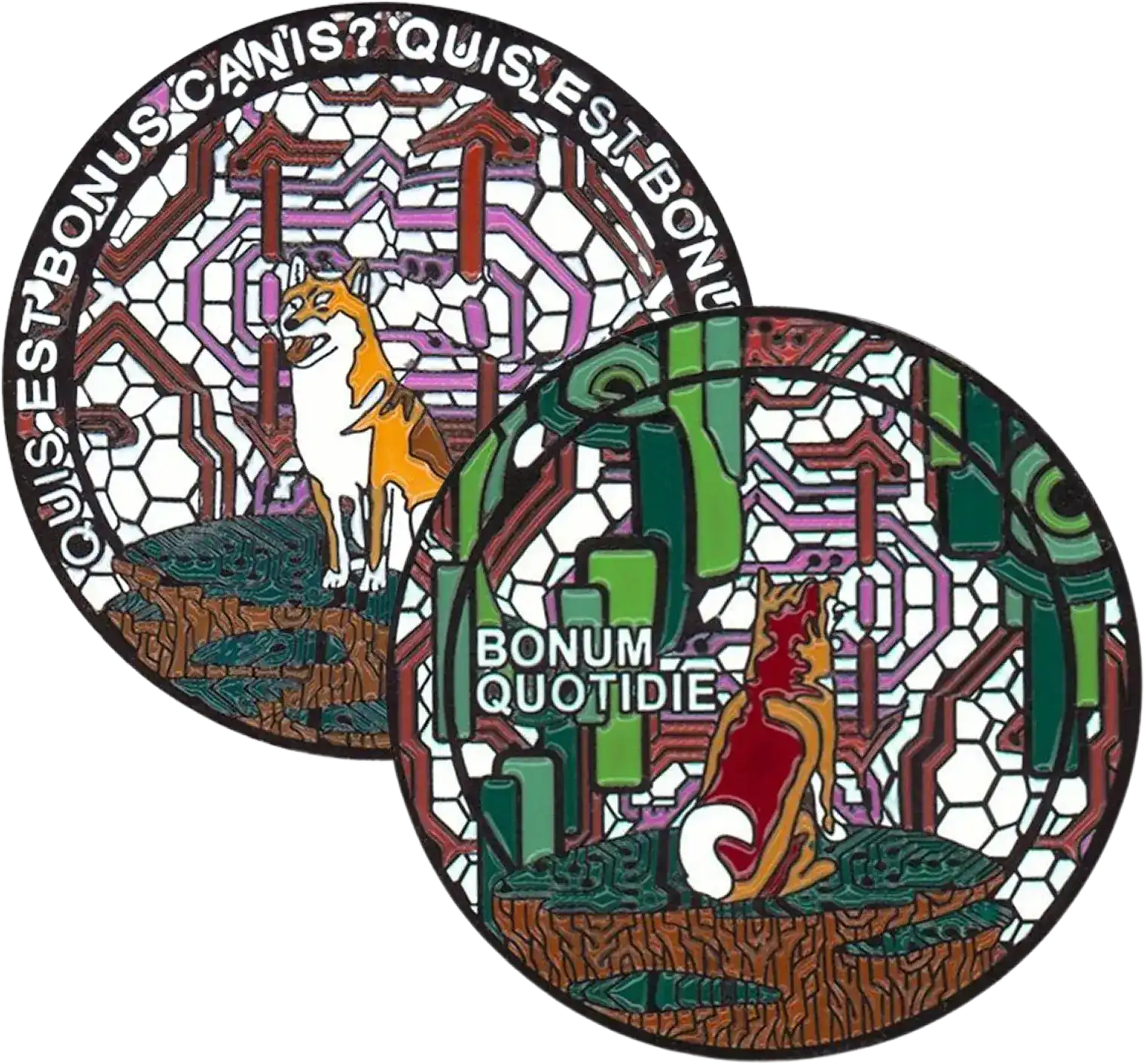 Two stylized coins featuring a Shiba Inu dog with circuit board and hexagonal patterns; one coin has 'QUI BONUS CANIS?' text and the other says 'BONUM QUOTIDIE'.