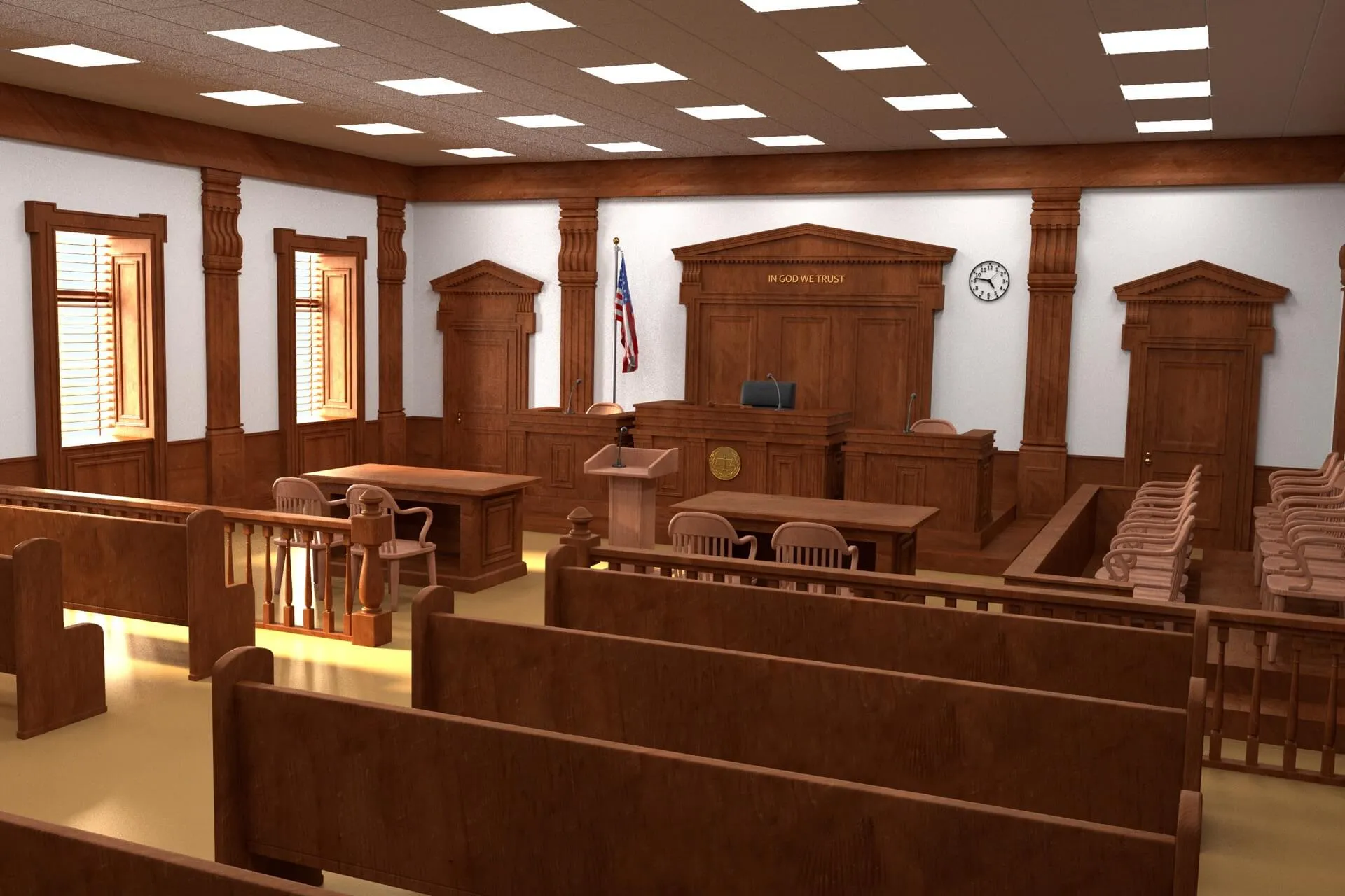 Illustration of a courtroom interior with the judge's bench and jury seating