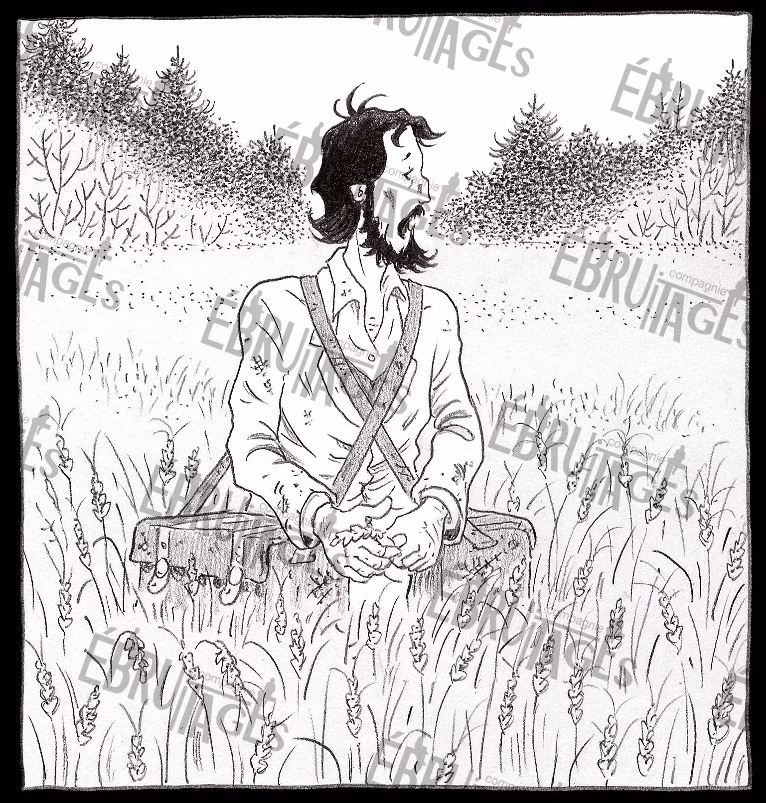 Dessin d'un homme barbu avec un sac en bandoulière debout dans un champ de blé, regardant vers la droite.