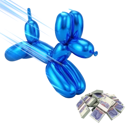 A blue balloon dog running to the money.