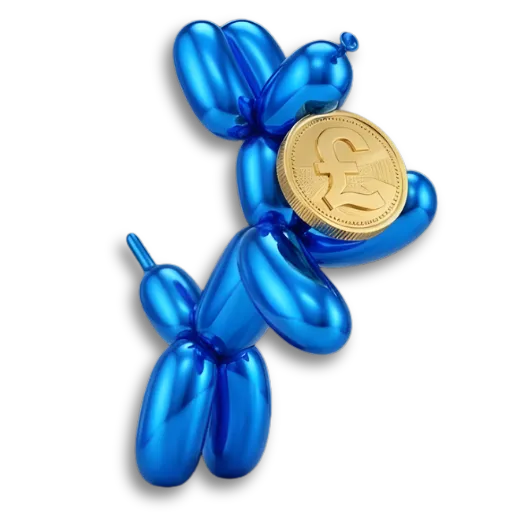 A blue balloon dog holding a pound.