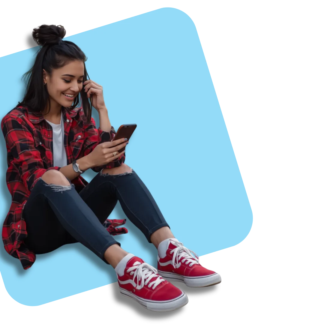 A lady using her phone whatsapping us.