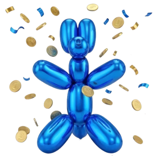 A blue balloon dog throwing coins