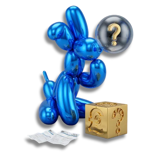 A blue balloon dog having some questions