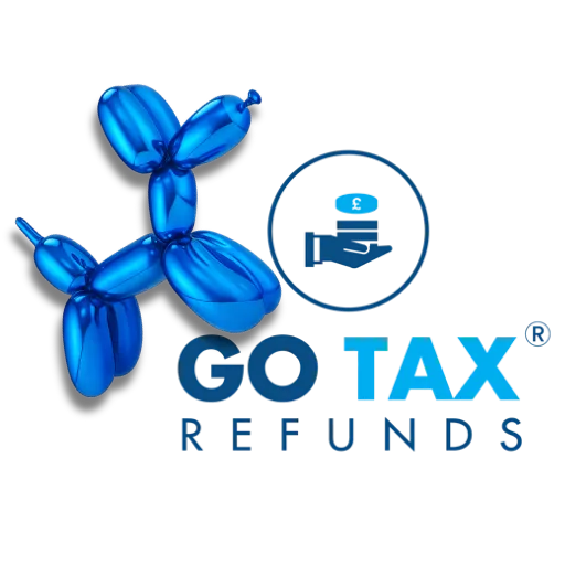 A blue balloon dog and the company logo