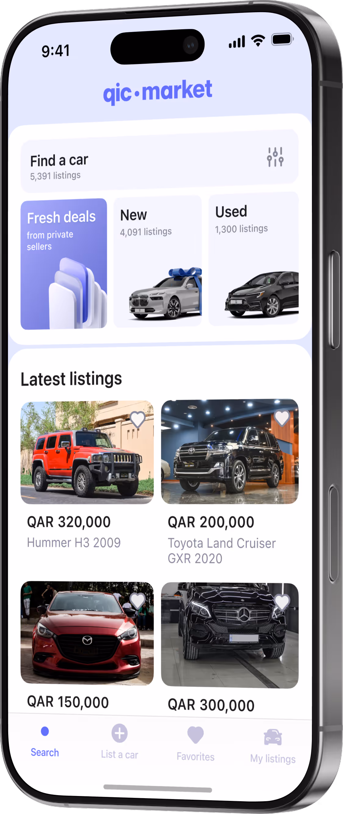 Mobile app interface of qic market showing car listings with prices and models including Hummer H3 2009, Toyota Land Cruiser GXR 2020, Mazda, and Mercedes, with search and filter options.