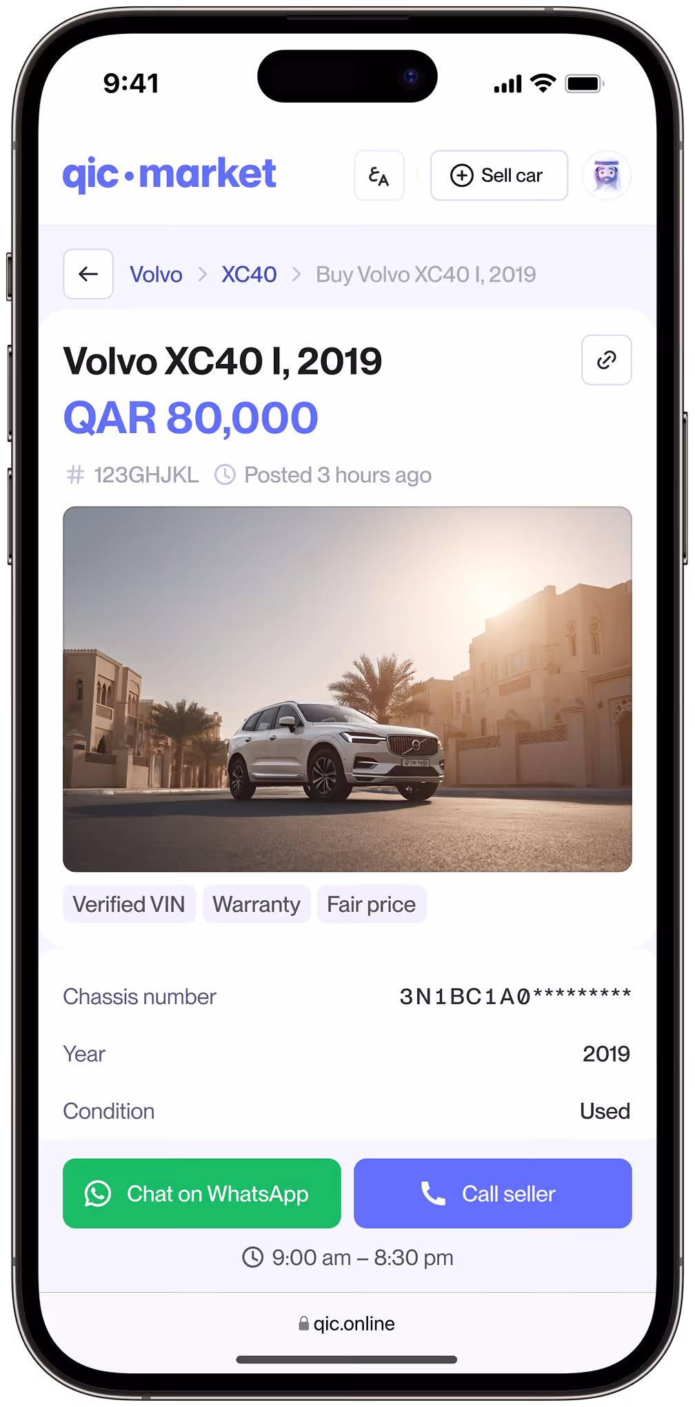 Mobile app screen showing a 2019 Volvo XC40 I listed for QAR 80,000 with options to chat on WhatsApp or call seller.
