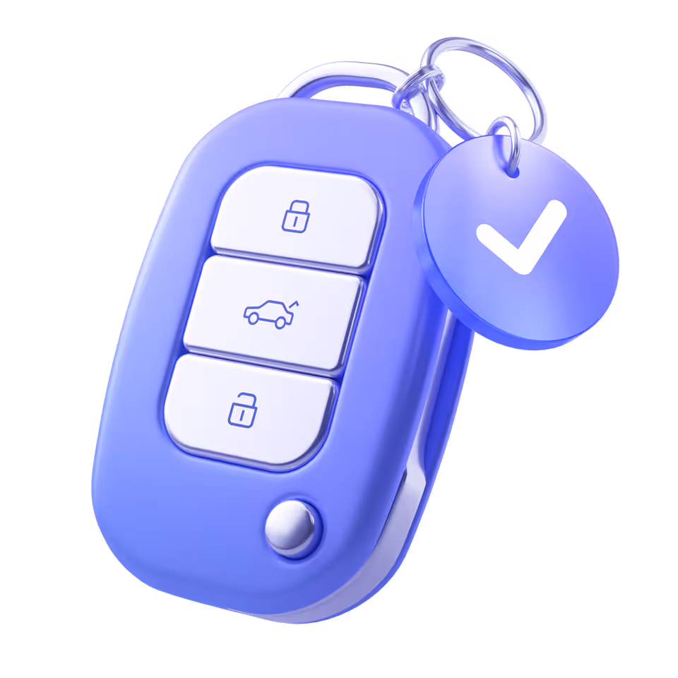 Blue car key fob with three white buttons for lock, trunk release, and unlock, attached to a key ring with a blue tag showing a white checkmark.
