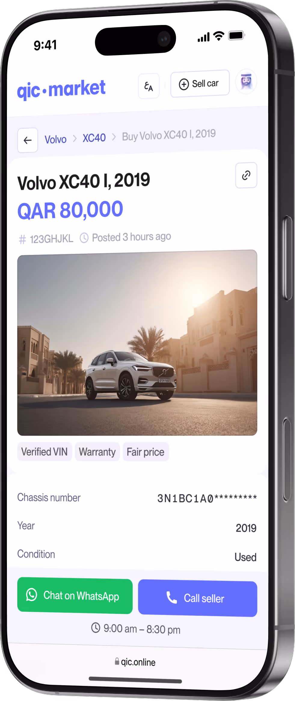 Mobile screen displaying a car listing for a used 2019 Volvo XC40 priced at QAR 80,000 with options to chat on WhatsApp or call seller.