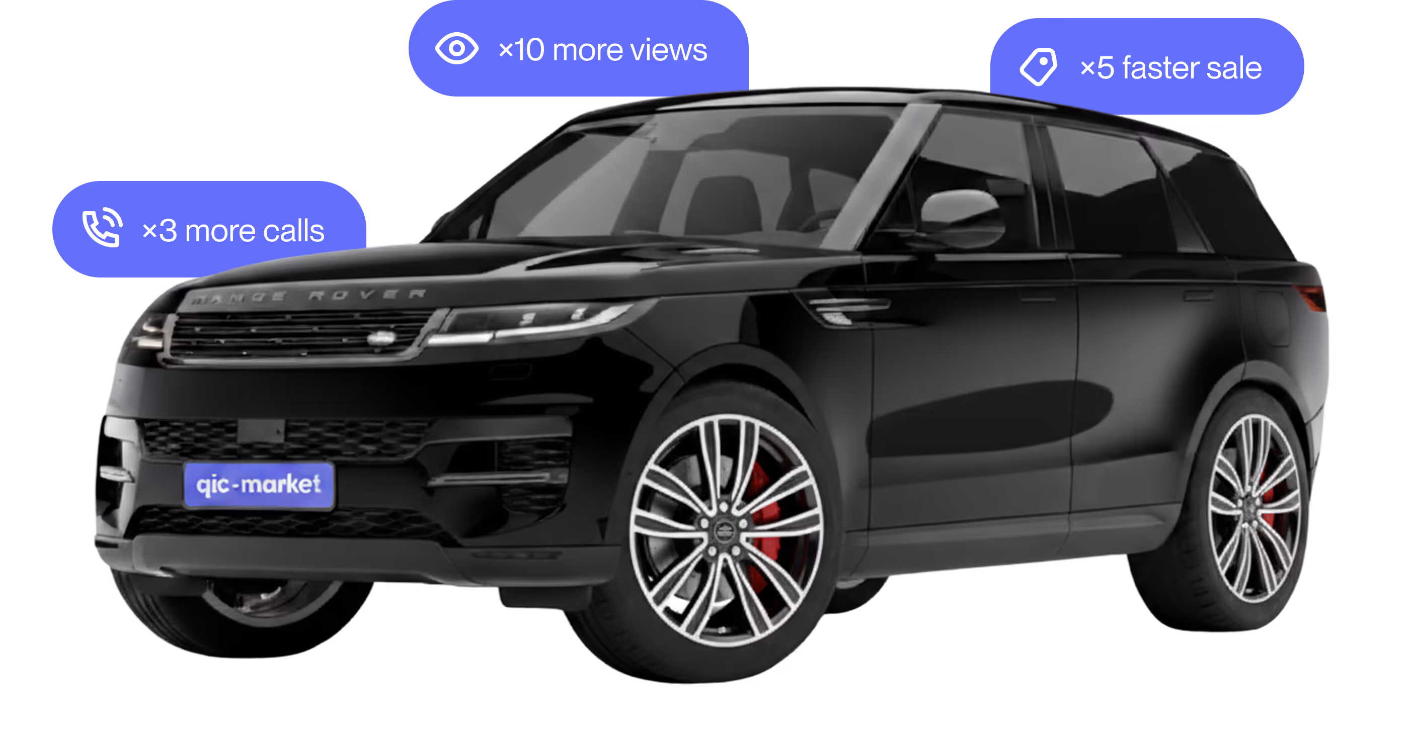 Black Range Rover SUV with callout labels highlighting 10 times more views, 3 times more calls, and 5 times faster sale.