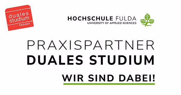 Logos von duales studium hessen und Hochschule Fulda, darunter Text: Praxispartner Duales Studium, Wir sind dabei!