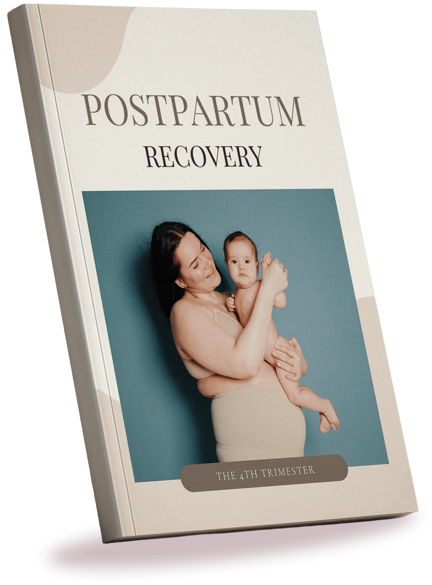 Book cover titled Postpartum Recovery with photo of smiling woman holding a baby against blue background.