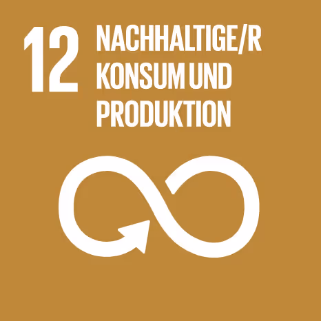 Weisses Symbol für nachhaltigen Konsum und Produktion auf braunem Hintergrund mit der Zahl 12 und dem Text 'Nachhaltige/r Konsum und Produktion'.