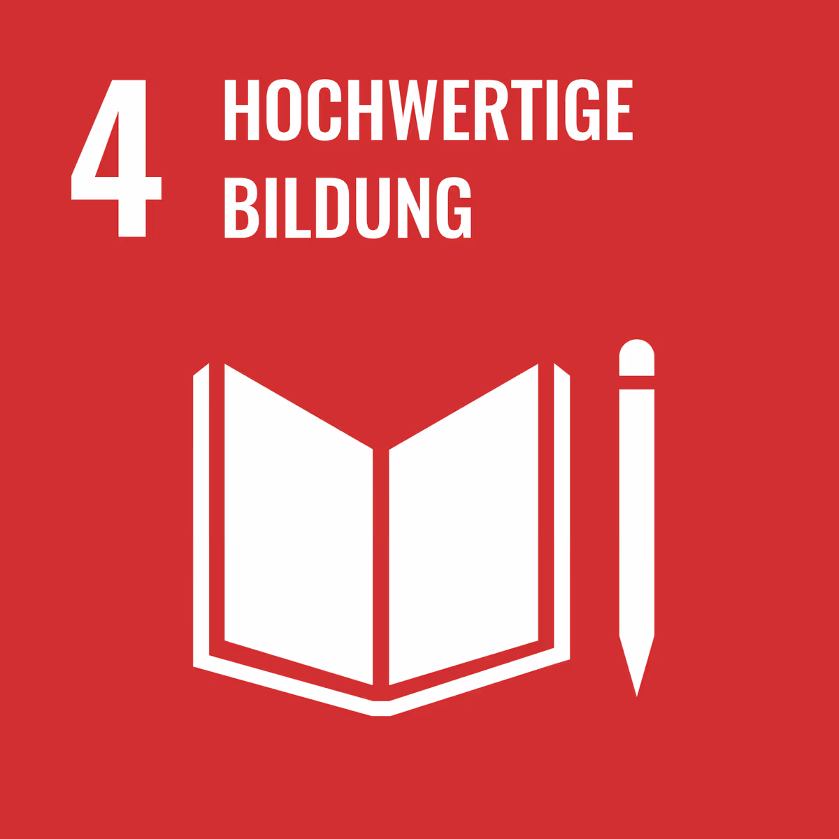 Symbol für nachhaltige Entwicklung Ziel 4: Hochwertige Bildung mit offenem Buch und Stift auf rotem Hintergrund.
