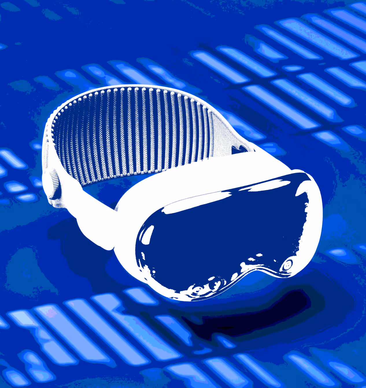 Close-up of white virtual reality headset with patterned straps on a blue surface with shadow patterns.