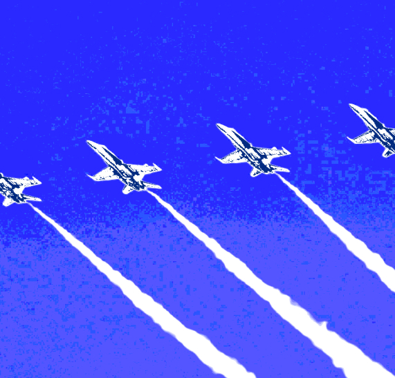 Four fighter jets flying in formation with white contrails against a clear blue sky.