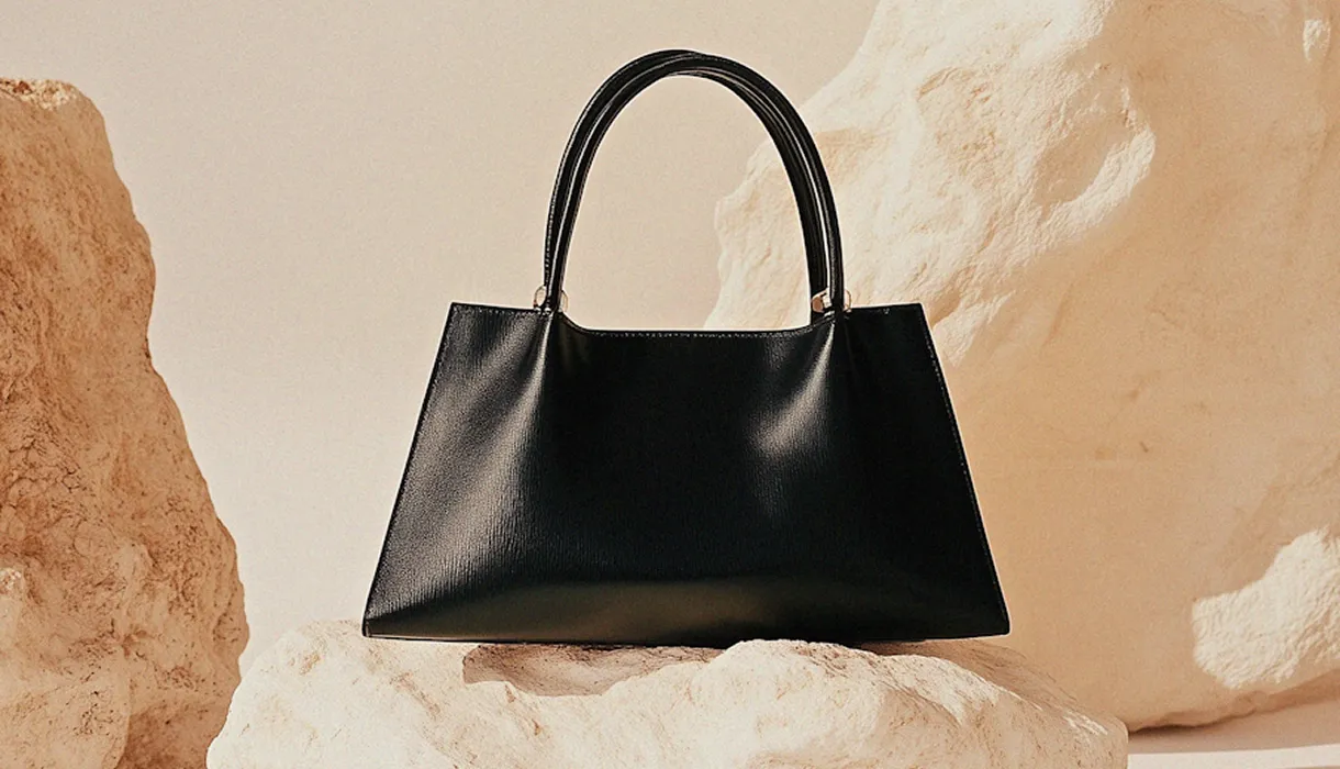 Black leather handbag with rounded handles displayed on beige textured rock formations.