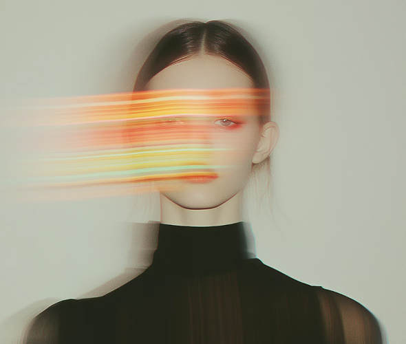 Portrait of a woman with straight dark hair in a black top, her face partially obscured by horizontal colorful light streaks.