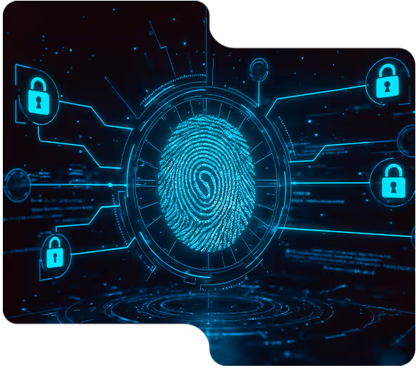 Digitale blaue Fingerabdruckgrafik mit Vorhängeschloss-Ikonen als Symbol für Cyber-Sicherheit.