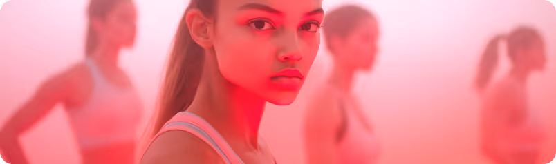 Close-up of a woman in workout clothes with three blurred women in the background under red light.