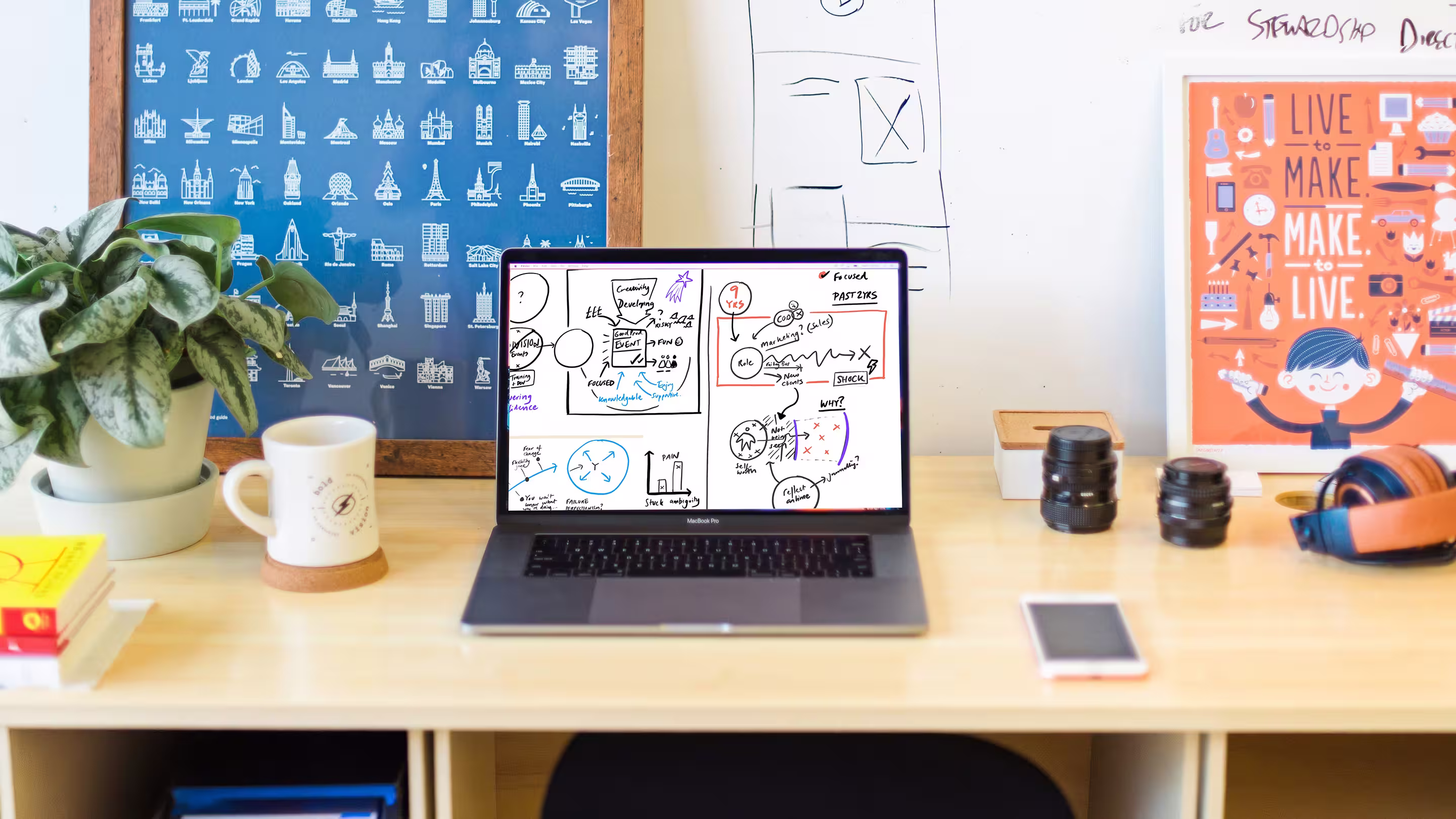 Work desk with an open laptop displaying sketches and notes, a plant, a coffee mug, camera lenses, headphones, and wall-mounted posters including one with city landmarks and another with the phrase 'Live to Make. Make to Live.'