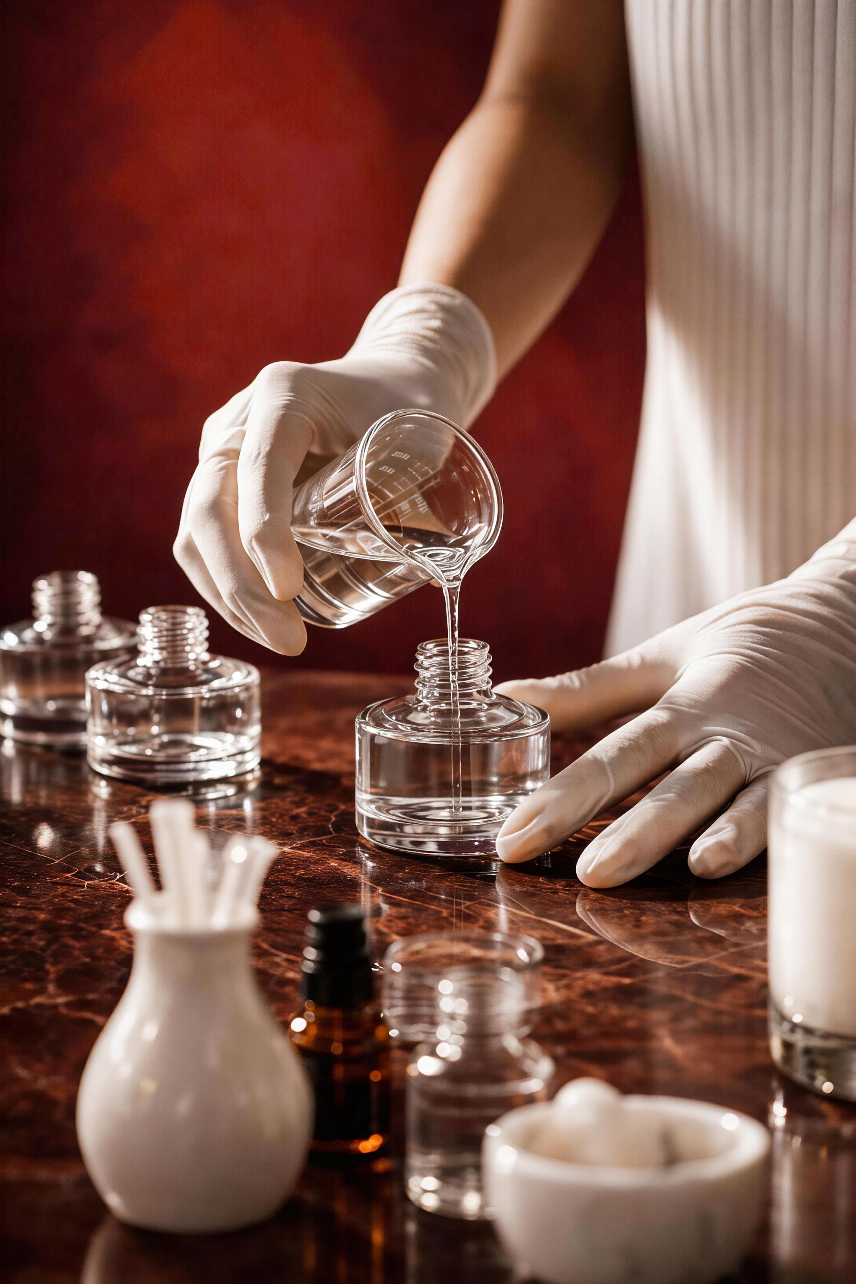 Hands pouring fragrance oil into glass bottle during perfume making workshop session.