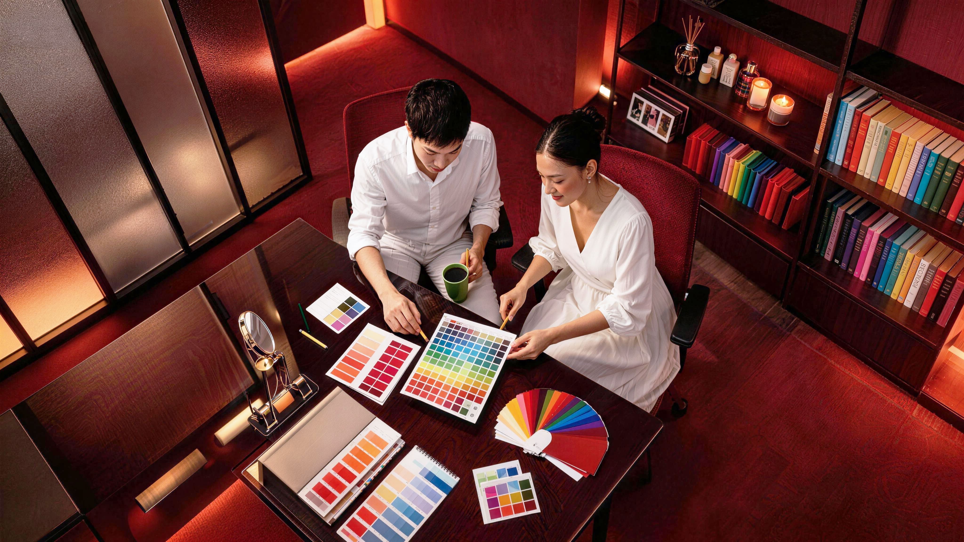 Two singapore influencer people seated at a wooden table reviewing color swatch charts in a warmly lit room with red walls and shelves of colorful books in The Second Studio by Hustle Skillsfuture Singapore Provider location