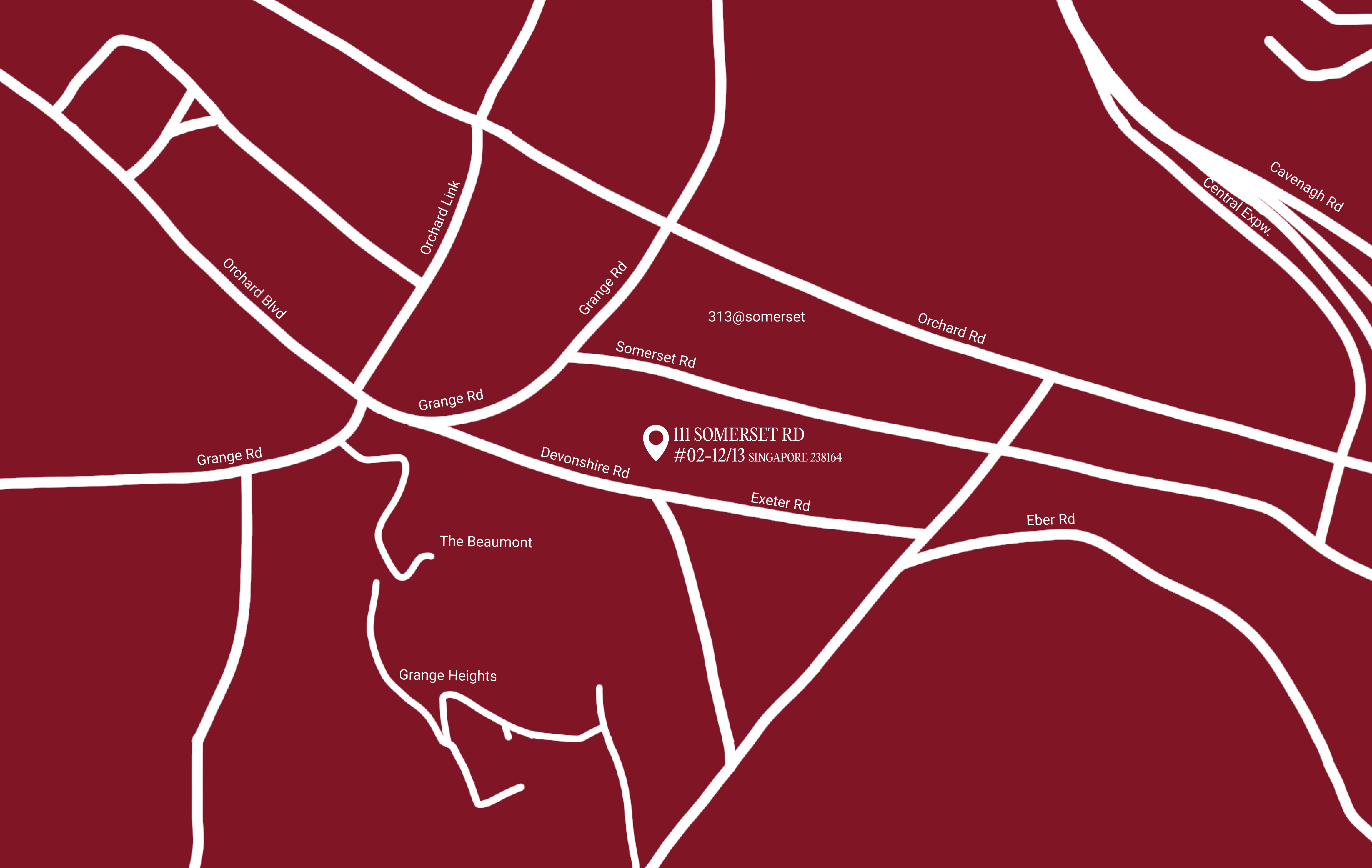 Simplified map of The Second Studio by Hustle Skillsfuture Singapore Provider roads including Somerset Rd, Grange Rd, Orchard Rd, Devonshire Rd, and location marker for 111 Somerset Rd, Singapore 238164.