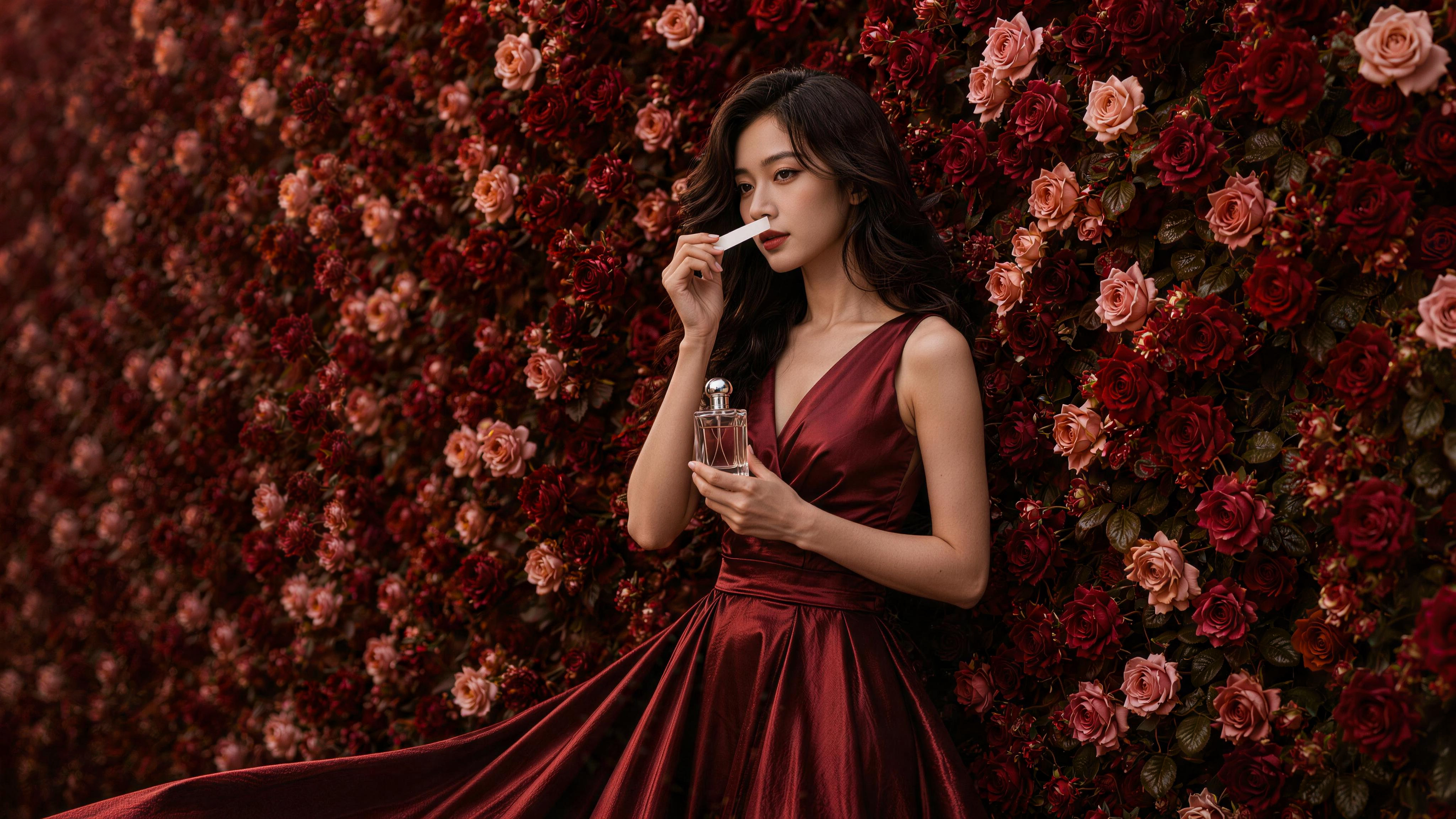 The Second Studio Woman in a deep red satin dress smelling a perfume strip in front of a wall covered with red and pink roses in Hustle Skillsfuture Singapore Provider space.