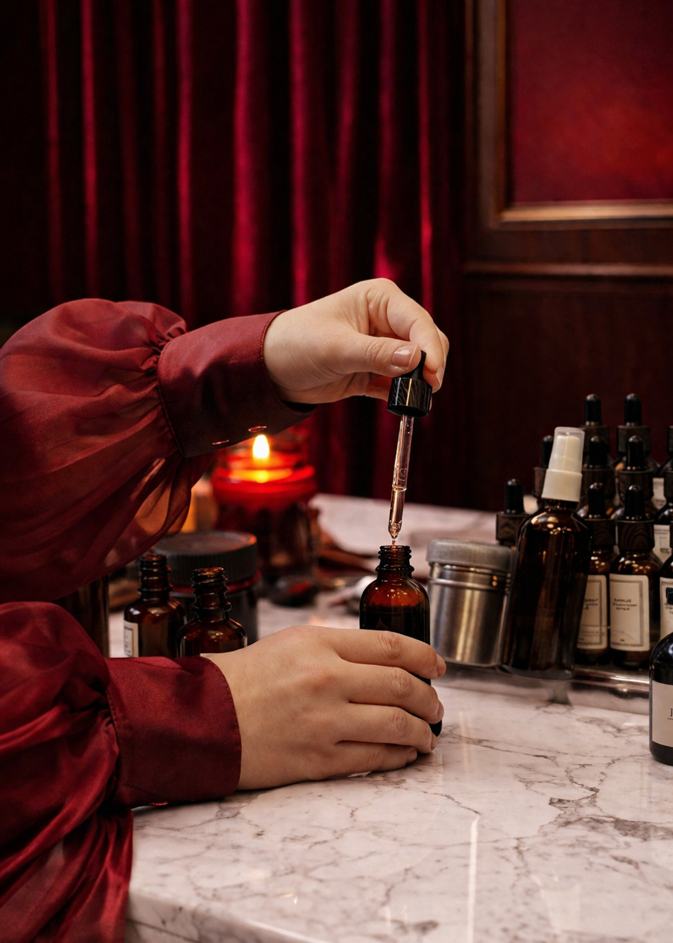 Hands blending essential oils with dropper bottles in elegant perfume making studio.