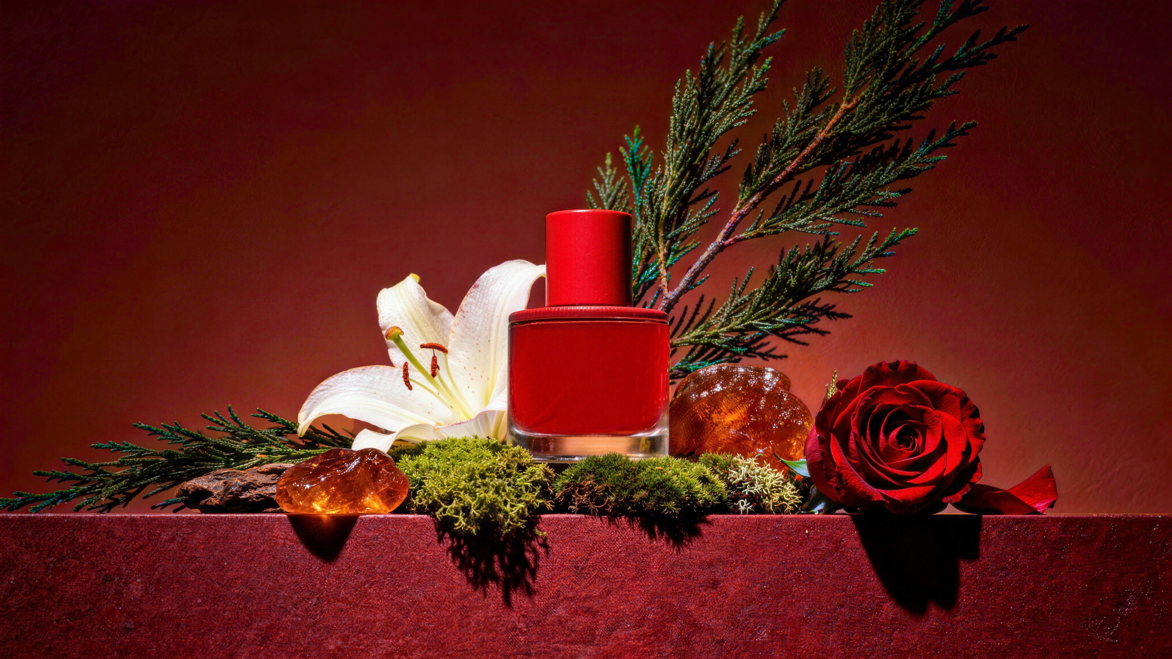 Luxury red perfume bottle with floral arrangement and moss on elegant dark red background.