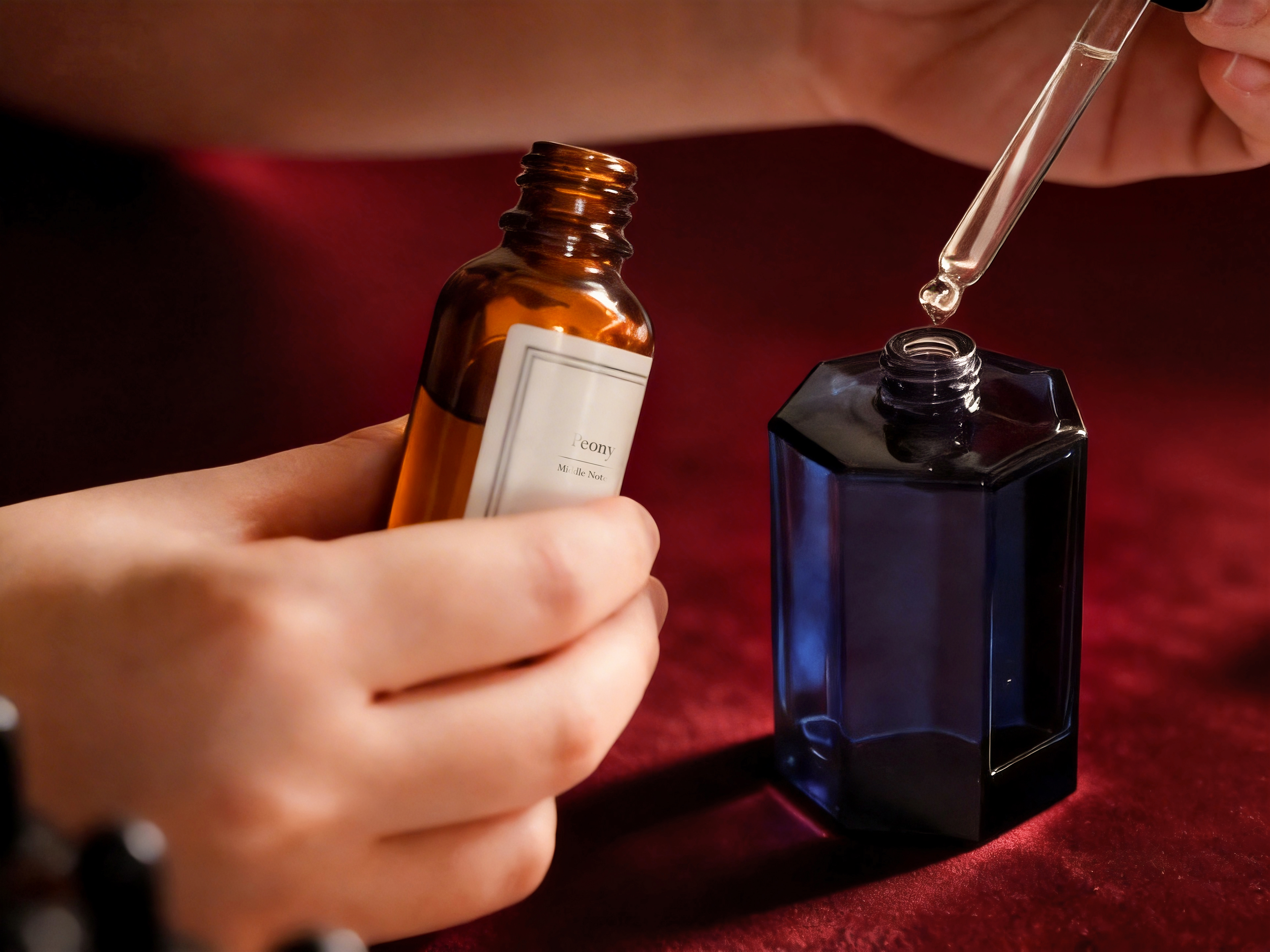 Closeup of hands blending fragrance oils into luxury perfume bottle on dark red background.